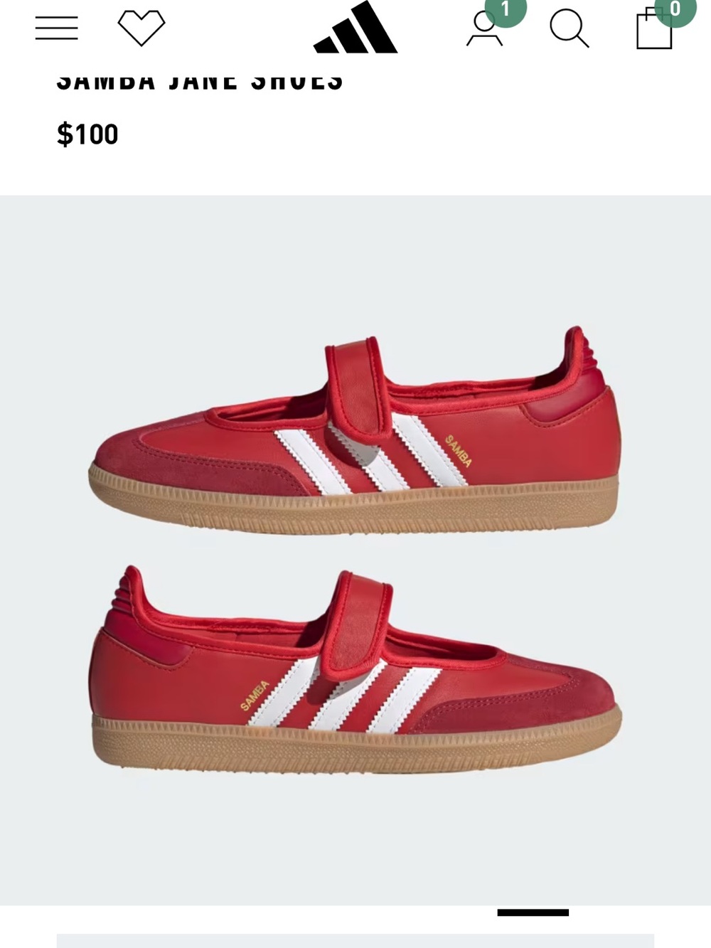 adidas Samba Mary Jane Sneakers in Red with White Stripes and Gum Sole - Picture 1 of 4